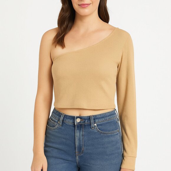 Open Edit Womens Crop Top One Shoulder Tan Ochre Ribbed Knit Size L NEW - Picture 11 of 12